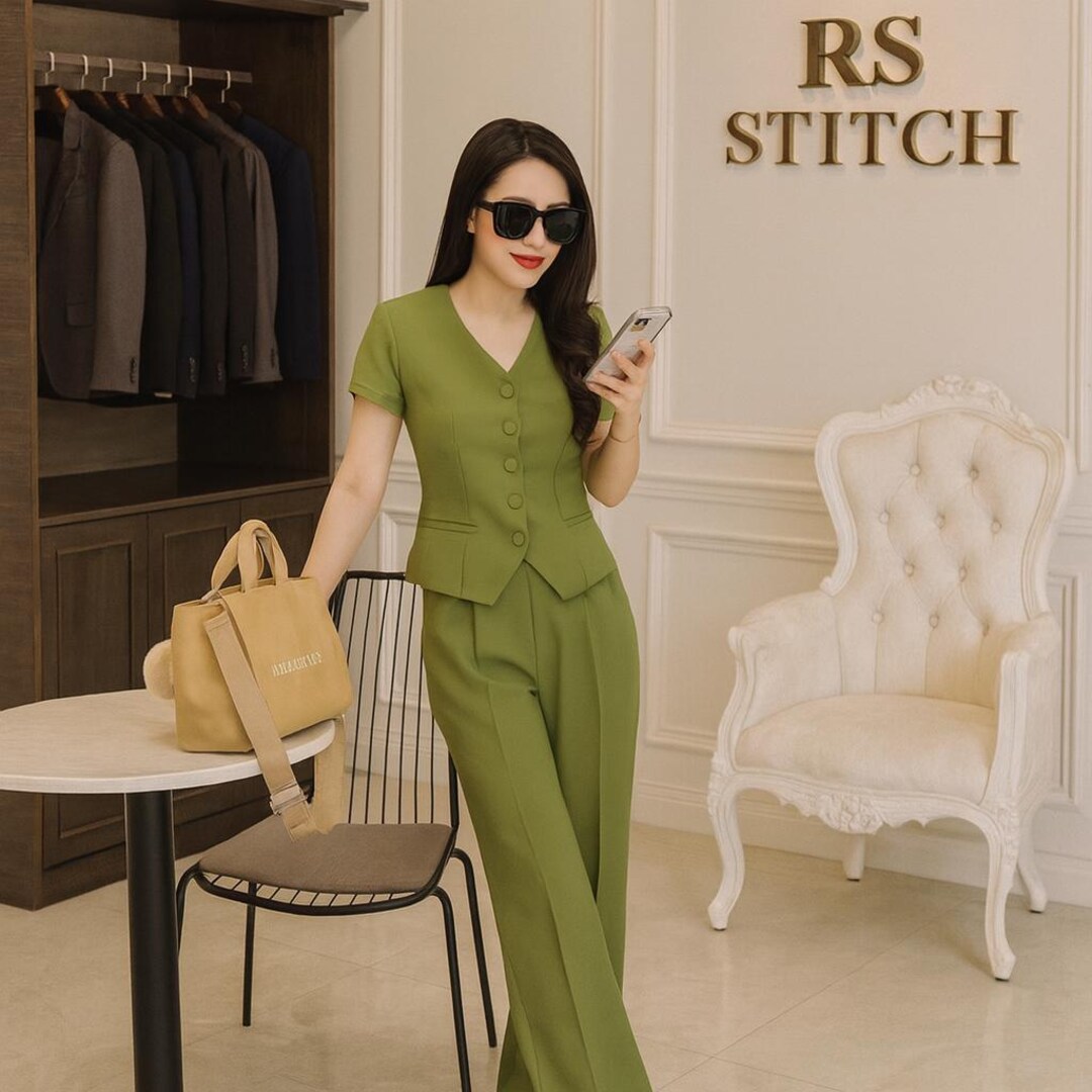 Elegant Olive Green Women s Pantsuit Set Short Sleeve Blazer Wide 