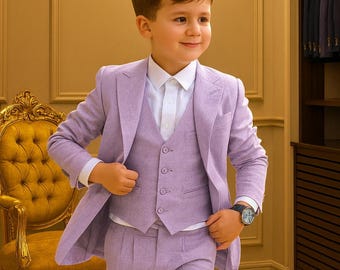 男の子用ベージュスーツセット | ブレザー、ベスト、パンツの3ピース
