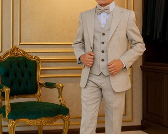 Getthebeauty-style Traje de lino para niños, de verano, casual, de 3 piezas, chaleco y pantalones cortos, conjunto con corbatín para niños, traje de boda Bech, Rojo