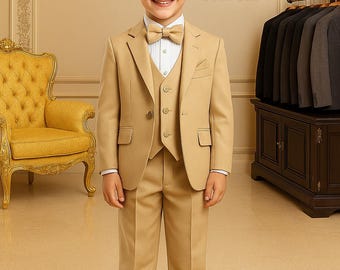 Boys Tan 3 Piece Suit | Kids Wedding Suit with Bow Tie | Formal Ring Bearer Outfit | Toddler Page Boy Suit | Special Occasion Boys Tuxedo