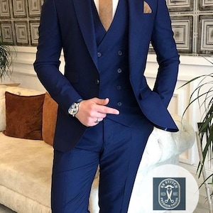 Men’s Blue 3 Piece Suit – Jacket, Waistcoat, Shirt, Trouser | Formal Business Wedding Suit | Tailored Fit Suit, Business Suit, Bespoke Suit