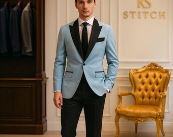 Luxury Sky Blue Tuxedo Blazer for Men | Slim Fit Formal Suit Jacket with Black Lapel | Wedding, Prom & Party Wear Tuxedo, Black Lapel Tuxedo