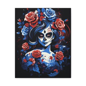 Canvas Print, Day of the Dead Wall Art, Dia de los Muertos Home Decor, Sugar Skull Framed Artwork, Mexican Folk Art Painting, Halloween