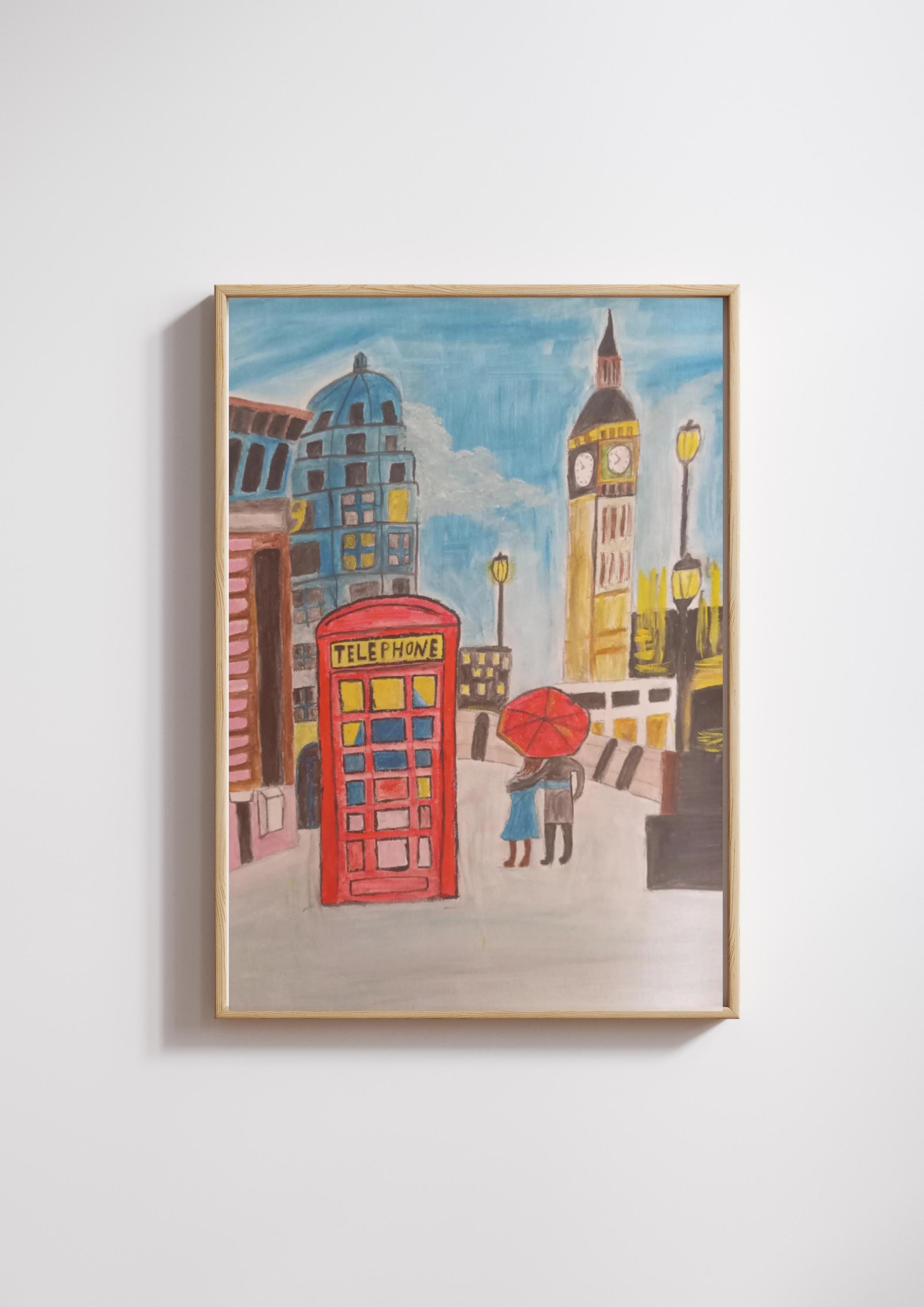 ロマンチックなロンドンの街並みのプリント：ビッグベン、赤い電話