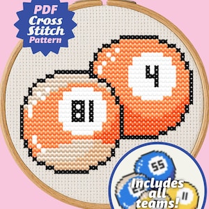 May include: Cross-stitch pattern featuring two orange and white billiard balls, one with the number 4 and the other with the number 81. The design is set in a wooden embroidery hoop. Includes all teams! PDF Cross Stitch Pattern.