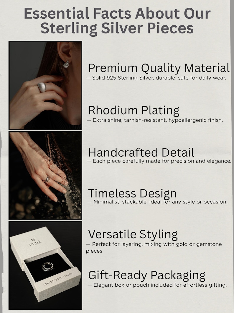 The image is a collage of four photographs showcasing different aspects of sterling silver jewelry pieces. The photographs include a close-up of a person's hand wearing a ring, a close-up of a hand with a ring, a close-up of a hand with a ring and a ring, and a close-up of a hand with a ring and a ring.