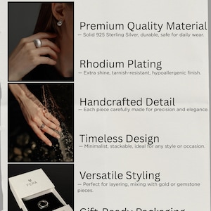 The image is a collage of four photographs showcasing different aspects of sterling silver jewelry pieces. The photographs include a close-up of a person's hand wearing a ring, a close-up of a hand with a ring, a close-up of a hand with a ring and a ring, and a close-up of a hand with a ring and a ring.