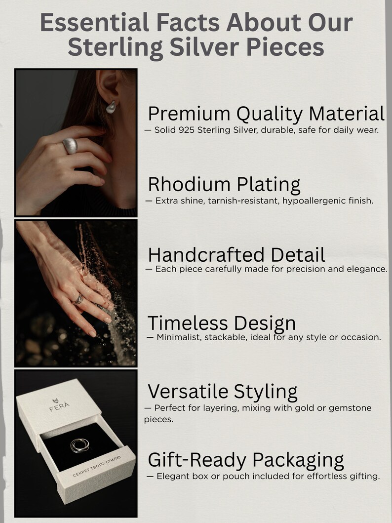 The image is a collage of four photographs showcasing different aspects of sterling silver jewelry pieces. The photographs include a close-up of a person's hand wearing a ring, a close-up of a hand with a ring, a close-up of a hand with a ring and a ring, and a close-up of a hand with a ring and a ring.