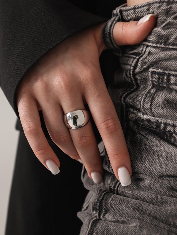 Solid 925 silver ring, high polish dome shape, minimalist chunky band, elegant statement jewelry, classic signet style