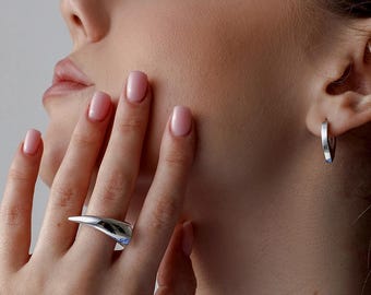Sterling Silver Statement Ring, Bold Sculptural Band, Modern Minimalist Chunky Jewelry for Women