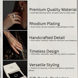 The image is a collage of four photographs showcasing different aspects of sterling silver jewelry pieces. The photographs include a close-up of a person's hand wearing a ring, a close-up of a hand with a ring, a close-up of a hand with a ring and a ring, and a close-up of a hand with a ring and a ring.