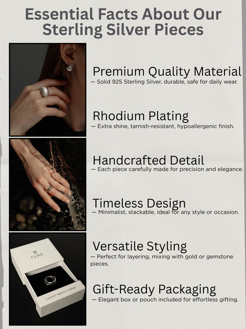 The image is a collage of four photographs showcasing different aspects of sterling silver jewelry pieces. The photographs include a close-up of a person's hand wearing a ring, a close-up of a hand with a ring, a close-up of a hand with a ring and a ring, and a close-up of a hand with a ring and a ring.