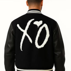 Handmade XO Varsity Bomber Jacket | Black Wool Letterman with Leather Sleeves | The Weekend Inspired Fan Gift for Him or Her