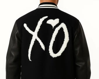 Handgefertigte XO Varsity Jacke | Schwarz Letterman mit Leder Ärmeln