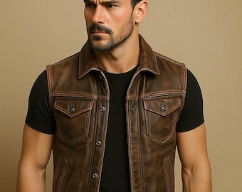 Handmade Distressed Brown Leather Biker Vest | Men's Sheepskin Waistcoat