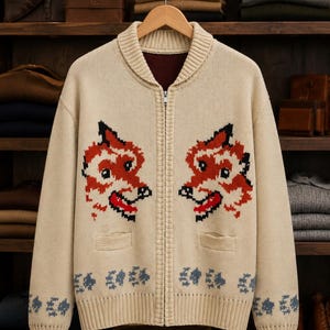 May include: A cream-colored knit zip-up cardigan featuring a ribbed collar and two front pockets. The garment displays two symmetrical red and black fox head motifs on the chest and a repeating blue floral pattern along the bottom hem and cuffs.