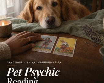 May include: A golden retriever rests its head on a green cloth near two tarot cards labeled Page of Cups and Strength. The text reads SAME HOUR ANIMAL COMMUNICATION Pet Psychic Reading. A lit candle and dried lavender are also visible.