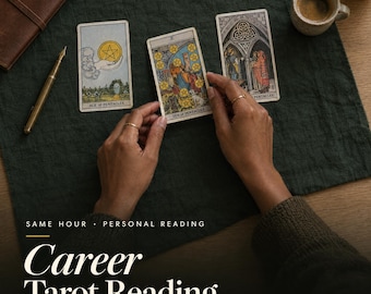 May include: Three tarot cards laid out on a dark green cloth, including the Ace of Pentacles, Ten of Pentacles, and Three of Pentacles. The text reads SAME HOUR PERSONAL READING Career Tarot Reading, with a fountain pen and coffee cup nearby.