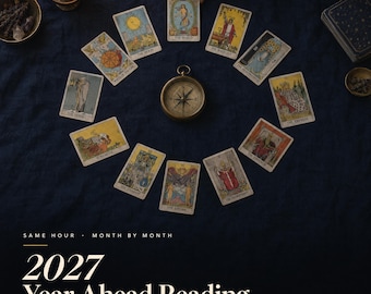 May include: A circular arrangement of tarot cards surrounding a brass compass, with a lit candle and a bowl of dried herbs nearby. Text reads: SAME HOUR - MONTH BY MONTH 2027 Year Ahead Reading. The cards include The World, The Magician, and The Hermit.