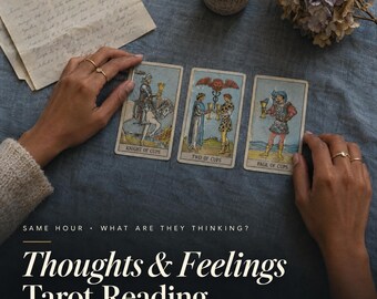 May include: Three tarot cards labeled Knight of Cups, Two of Cups, and Page of Cups are displayed on a blue fabric surface. The text reads: SAME HOUR • WHAT ARE THEY THINKING? Thoughts & Feelings Tarot Reading. A handwritten note and candle are visible.