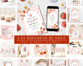 Pode incluir: Uma coleção de artigos para festas com tema de morango, incluindo convites, letreiros e decorações. O texto "1st Birthday Bundle" e "Edit & Print Yourself!" são exibidos. O esquema de cores é rosa e branco.
