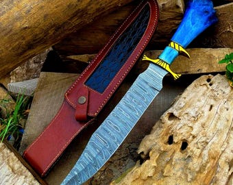Handmade Damascus Steel Bowie Hunting Knife: Camel Bone Handle, Leather Sheath Forged Foxed Blade Camping Knife| Perfect Gift for Halloween