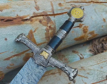 Hand Forged Damascus Steel King Solomon Sword: Medieval Knights Templar Replica