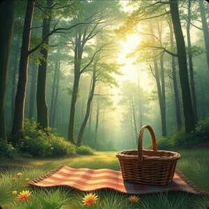 Pode incluir: Uma cena de piquenique na floresta com uma manta xadrez vermelha e branca, uma cesta de vime e flores silvestres. A luz do sol brilha através das árvores, criando uma atmosfera tranquila e convidativa.
