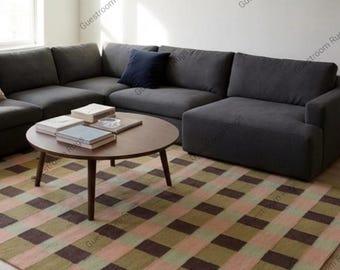 Handwoven Pink Checkered Kilim Rug, Modern Geometric Flatweave Area Rug, Scandinavian Plaid Wool Kilim Carpet, Boho Home Decor Rug