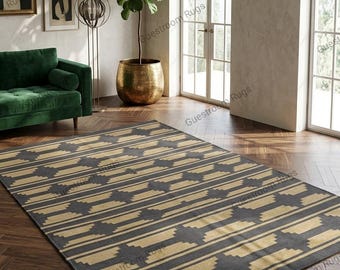 Handwoven Geometric Gray And Beige Tribal Area Rug Modern Flatweave Wool Kilim, Boho Living Room Rug, Minimalist Turkish Kilim Rugs