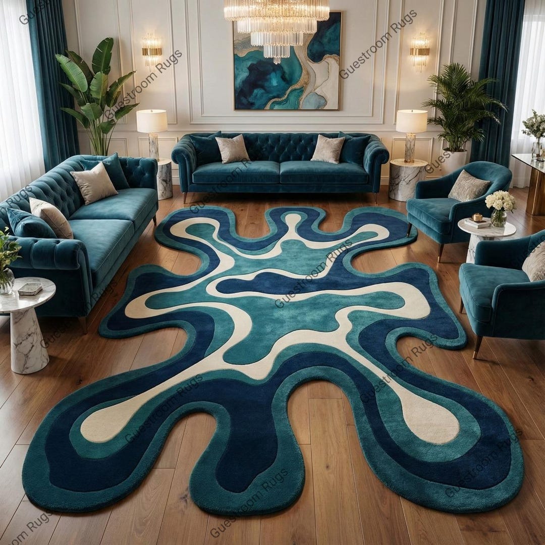 Hand Tufted Abstract Blue Modern Organic Shape Teal Navy Contemporary ...