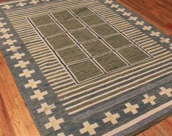 Handwoven Green Kilim Geometric Flatweave Area Rug, Scandinavian Tribal Wool Carpet, Modern Farmhouse Living Room Rug