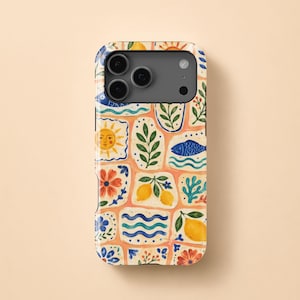 Medelhavskakeltelefonskal, handmålat citronfiskblommigt skal för iPhone Samsung Galaxy Google Pixel, färgglad kustgåva, sommar