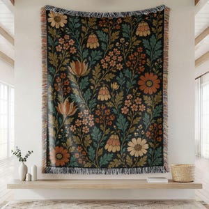 Dark Cottagecore Woven Blanket, Whimsigoth Botanical Cotton Throw, Moody Floral Tapestry Blanket, Gothic Garden Sofa Bed Decor
