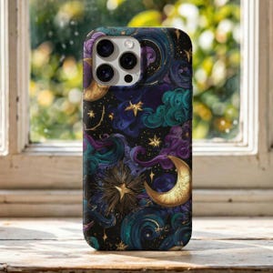 Whimsigoth iPhone Case: Celestial Moons, Stars, and Jewel-Toned Clouds, Tough Case, perfect gift for witchy style lover