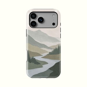 May include: A smartphone case featuring a printed landscape illustration of a winding river flowing through a valley with layered mountains in shades of sage green, muted olive, and soft beige, with dark green pine trees along the riverbanks.