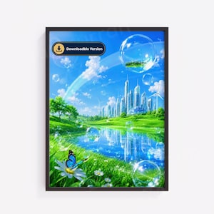 May include: A digital art print in a black frame featuring a futuristic city skyline under a bright blue sky with white clouds, a green grassy landscape, a blue pond, a blue butterfly on a white daisy, and floating bubbles with text Downloadble Version.