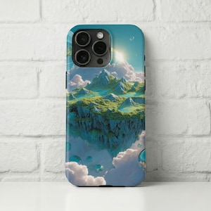Pode incluir: Capa de telemóvel com um design de paisagem fantástica. Apresenta uma ilha flutuante, montanhas e nuvens, com um sol brilhante e céu azul. A capa tem um acabamento brilhante e um design protetor. Inclui gotas de água.