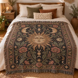 May include: A woven throw blanket featuring a dark background with a central sun face, crescent moons, stars, and floral motifs in shades of gold, green, and pink. The rectangular blanket has a fringed edge and a symmetrical celestial design.