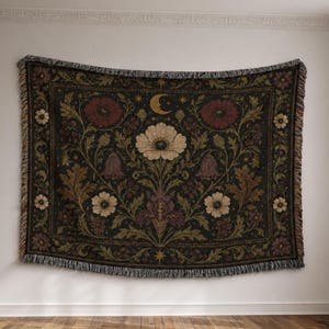 Dark Botanical Woven Blanket, Whimsigoth Floral Throw, Gothic Moon Tapestry Blanket, Dark Academia Sofa Bed Blanket
