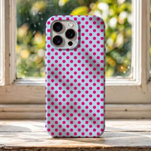 Coque de portable à pois pour iPhone Samsung Pixel, jolie coque de protection rétro à pois bleus fuchsia, cadeau lumineux et amusant pour elle