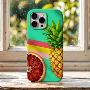 Retro Tropical Fruit Phone Case for iPhone Samsung Pixel, Fun Summer Pineapple Orange Pop Art Tough Protective Cover, Bright Holiday Gift