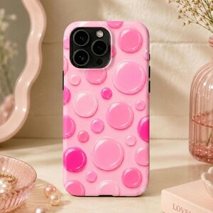 Pink Polka Dot Phone Case, Glossy Bubble Spot Pattern Tough Case, Cute Girly Pink Aesthetic, iPhone Samsung Pixel, Barbie Pink Case