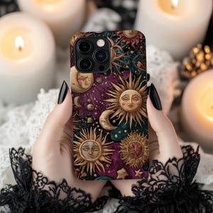 Whimsigoth Celestial Sun and Moon iPhone Case – Vintage Astrology Design in Gold, Purple & Teal – Mystical Cosmic Phone Cover