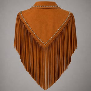 May include: A tan suede cape featuring a V-shaped yoke adorned with metallic silver studs along the edges. The garment is finished with long, vertical fringe detailing that extends from the studded yoke down to the bottom hemline.