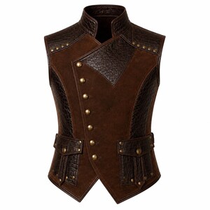May include: A sleeveless brown vest featuring a high collar, a diagonal button closure with brass-toned buttons, and contrasting panels of smooth suede-like fabric and textured, embossed leather-like material with two front flap pockets.
