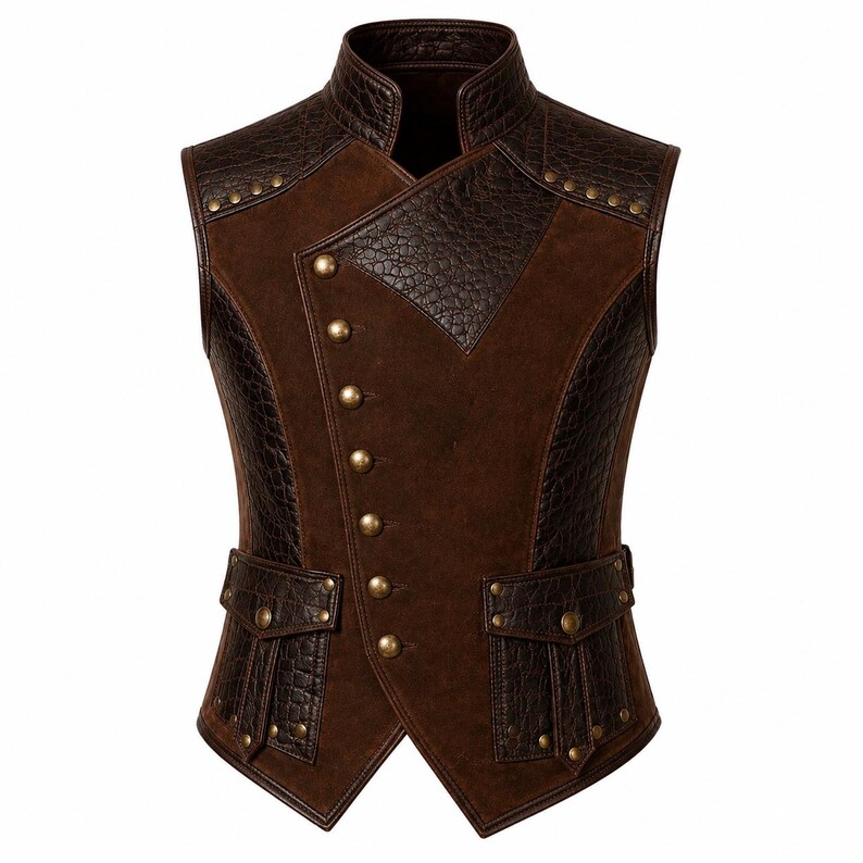 May include: A sleeveless brown vest featuring a high collar, a diagonal button closure with brass-toned buttons, and contrasting panels of smooth suede-like fabric and textured, embossed leather-like material with two front flap pockets.