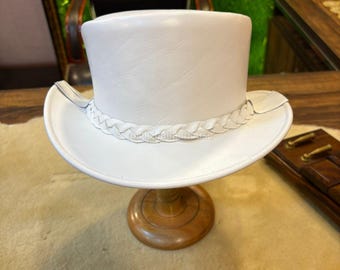 Handmade White Genuine Leather Top Hat - Steampunk Cosplay Costume