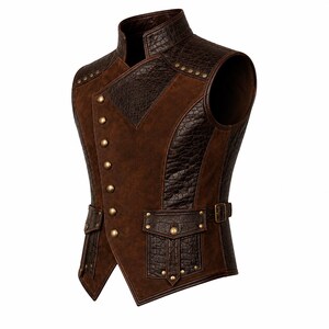 May include: A brown sleeveless vest featuring a combination of smooth suede-like panels and dark brown textured faux-leather sections. The garment includes a high collar, an asymmetrical front closure with brass-toned buttons, and two front pockets.