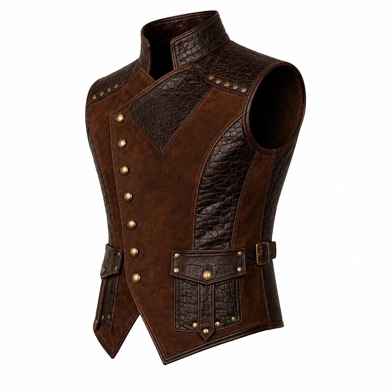 May include: A brown sleeveless vest featuring a combination of smooth suede-like panels and dark brown textured faux-leather sections. The garment includes a high collar, an asymmetrical front closure with brass-toned buttons, and two front pockets.
